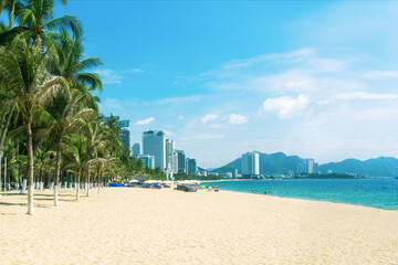 Idyllic tropical beach In Nha Trang, Vietnam. Vacation, travel, holidays on Nha Trang beach, Vietnam.