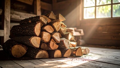 Stacked firewood logs with bark, illuminated by sunlight streaming through a window in a rustic wooden cabin