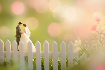 A miniature bride and groom stand lovingly together before a white picket fence, bathed in soft sunlight.