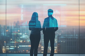 Two business professionals review data projected onto a window overlooking a city skyline at sunset.