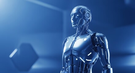 A sophisticated humanoid robot stands, its metallic body gleaming under cool blue light.