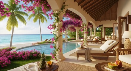Fototapeta premium Luxury tropical vacation villa with pool and ocean view beckons