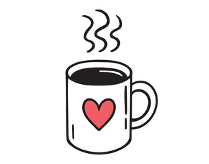 Mug of hot drink with cute doodle heart isolated hand drawn icon. Outline drawing cup with hot coffee or tea line clipart symbol