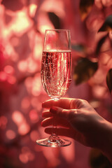 Elegant glass of sparkling pink champagne held in hand, surrounded by soft glowing lights, creating a festive atmosphere perfect for celebrations and special occasions
