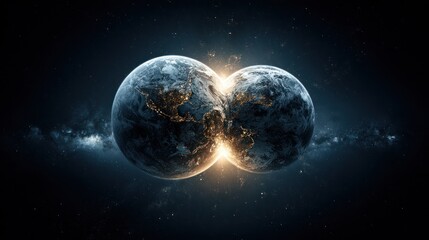 Two Earth-like planets colliding in space, radiant light emanating from the point of contact