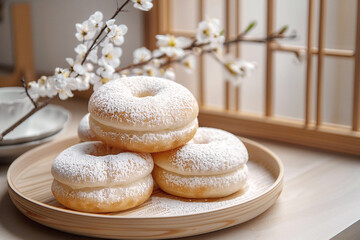 Freshly baked donuts dusted with powdered sugar are arranged on a wooden plate, surrounded by delicate cherry blossoms, creating a serene and inviting dessert display for food lovers