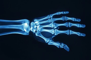 Hand xray displaying bones of the wrist, fingers, and forearm against black background