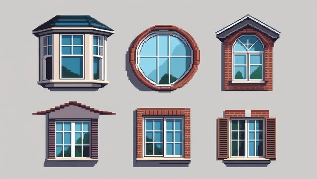 Collection of six varied pixel art windows including bay round arched and shuttered styles