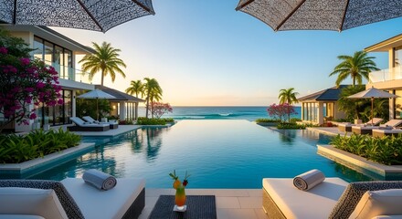 Luxury resort pool overlooking ocean view with vibrant sunset glow