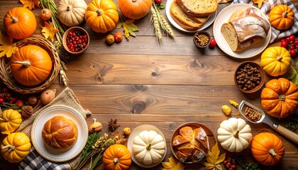 A festive autumn spread featuring pumpkins, bread, and seasonal decorations arranged around a rustic wooden table.