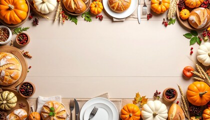 A festive autumn table setting featuring pumpkins, bread, and seasonal decor, perfect for Thanksgiving or a harvest celebration.