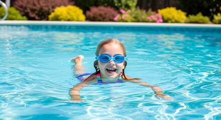 Naklejka premium Joyful Girl with Goggles Swimming in a Sparkling Blue Pool