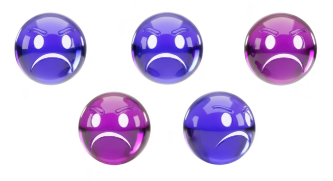 Angry 3D sphere emojis in various purple and blue hues isolated on white background representing negative emotions for digital communication or concept art - Powered by Adobe