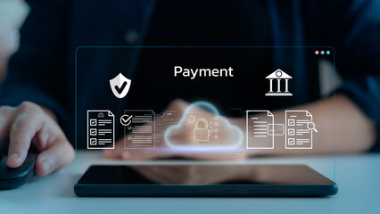User managing secure online payment with cloud system, digital lock, and financial document icons....