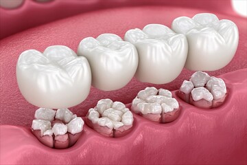 Detailed illustration of dental crowns placed on teeth in a healthy mouth structure