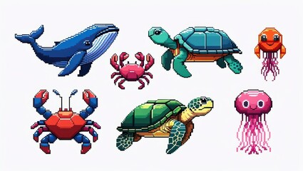 Collection of pixel art ocean creatures including a whale two crabs two sea turtles and two jellyfish