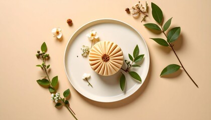 Elegant Creamy Dessert On Plate With Flowers