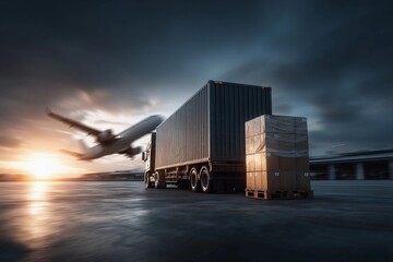 Fototapeta premium Truck delivering cargo at sunset with airplane taking off in the background