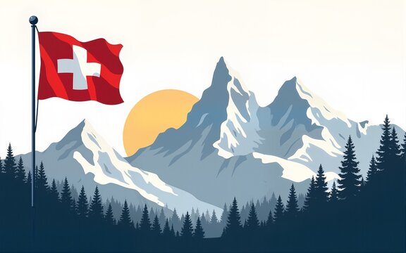 Swiss patriotic vector with mountain landscape and flag, perfect for Swiss National Day, outdoor adventure themes, and Switzerland tourism illustrations. High quality