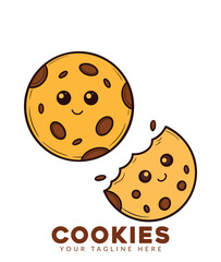 Cute cartoon chocolate chip cookies with happy faces one cookie is bitten isolated on white background vector illustration for food and baking concepts