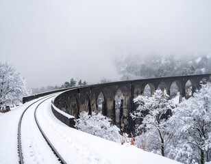 Snowy railway curve over a bridge
