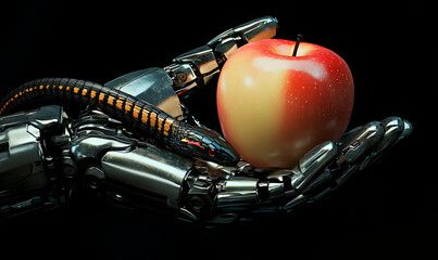 A robotic hand holds a red apple while a snake coils around it, symbolizing temptation, technology, and artificial intelligence.