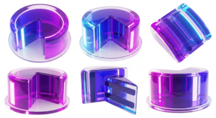 Abstract 3D glass pie charts showcasing slices in various angles with glowing gradients against a white background potentially for data visualization