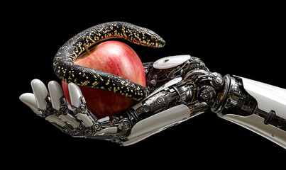 A robotic hand holds a red apple while a snake coils around it, symbolizing temptation, technology, and artificial intelligence.