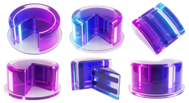 Abstract 3D glass pie charts showcasing slices in various angles with glowing gradients against a white background potentially for data visualization