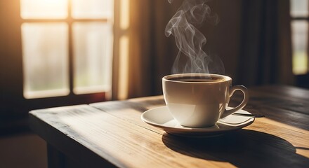 Steaming Hot Coffee Cup on Wooden Table Near Window with Morning Sunlight