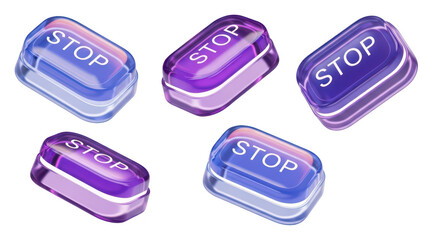 Five glossy translucent STOP buttons in various purple and blue hues indicating halt control or interruption