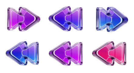 Six translucent rewind buttons with gradient fill on white background representing playback control and user interface elements