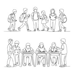 Line Art of Students Socializing and Studying – Ideal for Educational, Classroom, and Academic Visuals, Vector modern illustration, Graphic Design