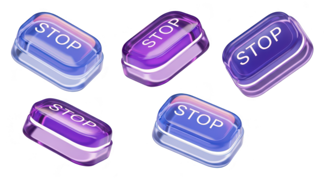 Five glossy translucent STOP buttons in various purple and blue hues indicating halt control or interruption