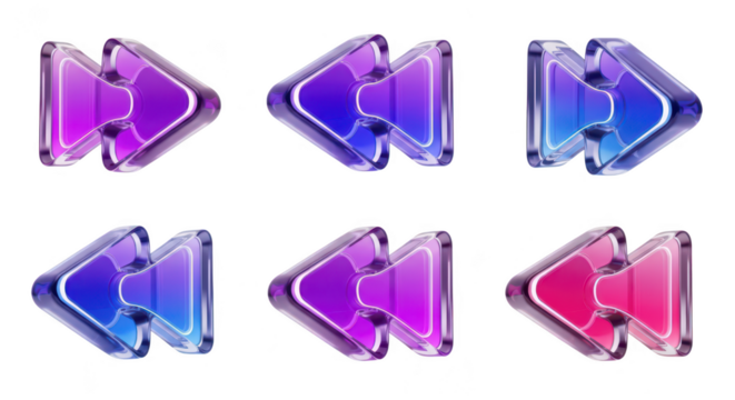 Six translucent rewind buttons with gradient fill on white background representing playback control and user interface elements