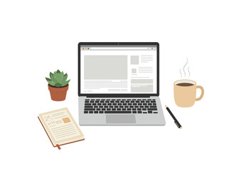 A modern workspace illustration with a laptop, steaming coffee, open notebook, and a potted succulent.
