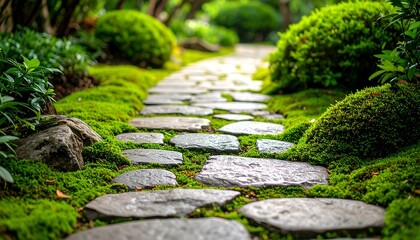 Stone Pathway Through Lush Moss Garden, Serene and Tranquil Landscape