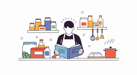 A person in an apron reads a recipe book in a well-stocked kitchen with jars bottles and cooking utensils displayed