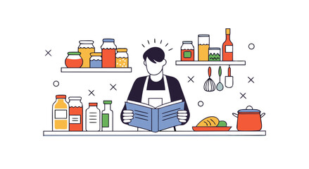 A person in an apron reads a recipe book in a well-stocked kitchen with jars bottles and cooking utensils displayed