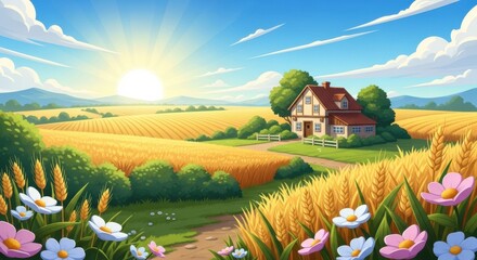 Animated Rural Landscape Featuring Golden Wheat Fields and a Quaint Country House