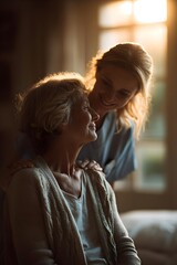 Intimate Portrait of Elderly and Young Adult Women in Warm Interior Lighting with Soft Focus