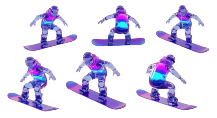 Rendered snowboarder illustrations perform tricks white background for sports advertising winter season