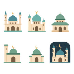 Flat vector illustration of a set of Islamic mosque icons in various architectural styles. Featuring domes, minarets, crescent moons, and clean outlines, this icon collection is perfect for Islamic ap