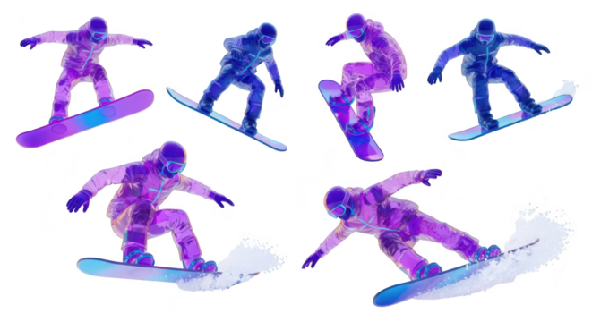 Snowboarder performing tricks in studio white background Various poses of athlete show motion and energy while particles emanate adding visual interest Possible for sports advertising - Powered by Adobe