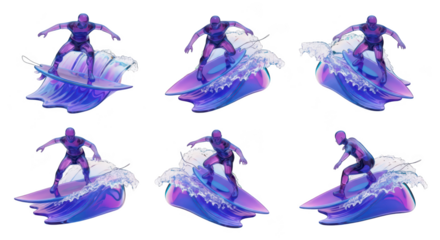 Futuristic surfer riding holographic wave isolated white background conceptual image possible use in abstract art or design