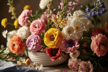 Colorful bouquet of various flowers including ranunculus, peonies, and wildflowers arranged in a white bowl, creating a vibrant and fresh atmosphere for spring decoration and floral design