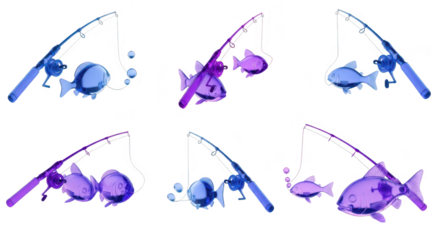 Cartoon glass fish fishing with rods on white background representing the concept of catch hobby illustration for marketing advertising