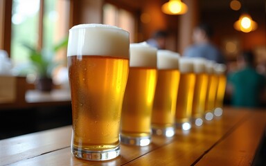 Row of mugs with cold fresh golden beer on wooden table on blurred background. Craft beer on glasses Oktoberfest, international beer day and St. Patrick's day celebration in a pub or bar. Copy space