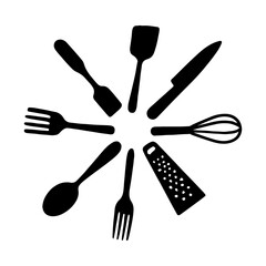 Dish Fork Knife Spoon Icon Vector Art Illustration, silhouette vector on white background