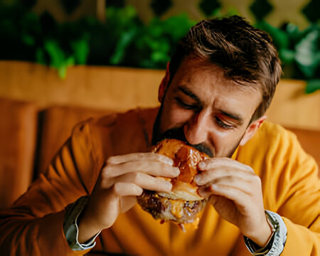 Burger Bite: A man relishes a hearty burger, showcasing the indulgence and pleasure of the moment.